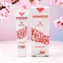 Bio One Advanced Skin Lightening Gel with SPF 15, 30g white tube with red and white accents, and its matching white and red box, set against a background of pink cherry blossoms.