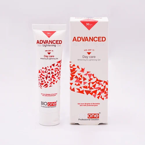 BioOne Professional Solution Advanced Skin Lightening Gel with SPF 15, Day Care, 30gm white tube with a red and white label featuring abstract red shapes, and its matching white and red box, set on a white background.