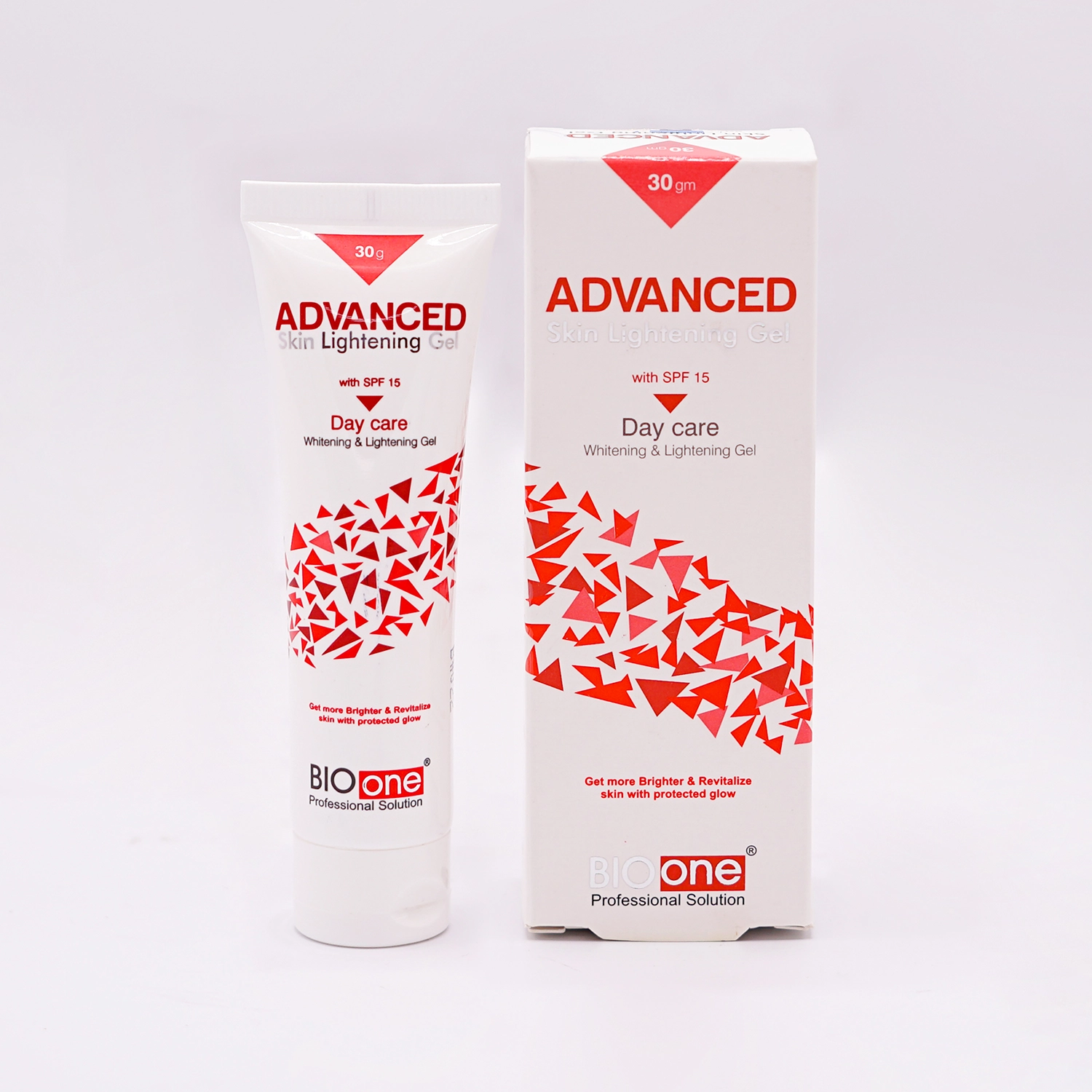 BioOne Professional Solution Advanced Skin Lightening Gel with SPF 15, Day Care, 30gm white tube with a red and white label featuring abstract red shapes, and its matching white and red box, set on a white background.