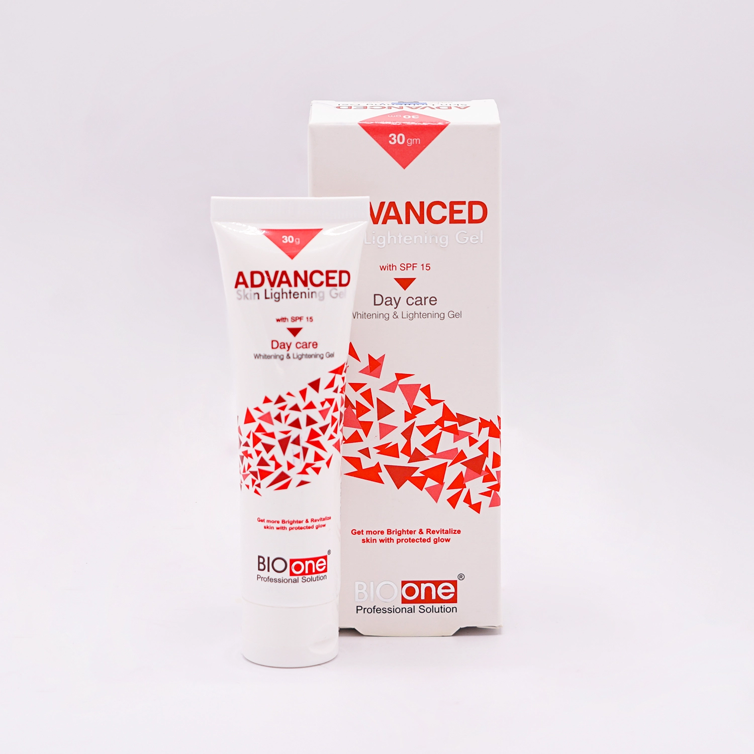 BioOne Professional Solution Advanced Skin Lightening Gel with SPF 15, Day Care, 30gm white tube with a red and white label featuring abstract red shapes