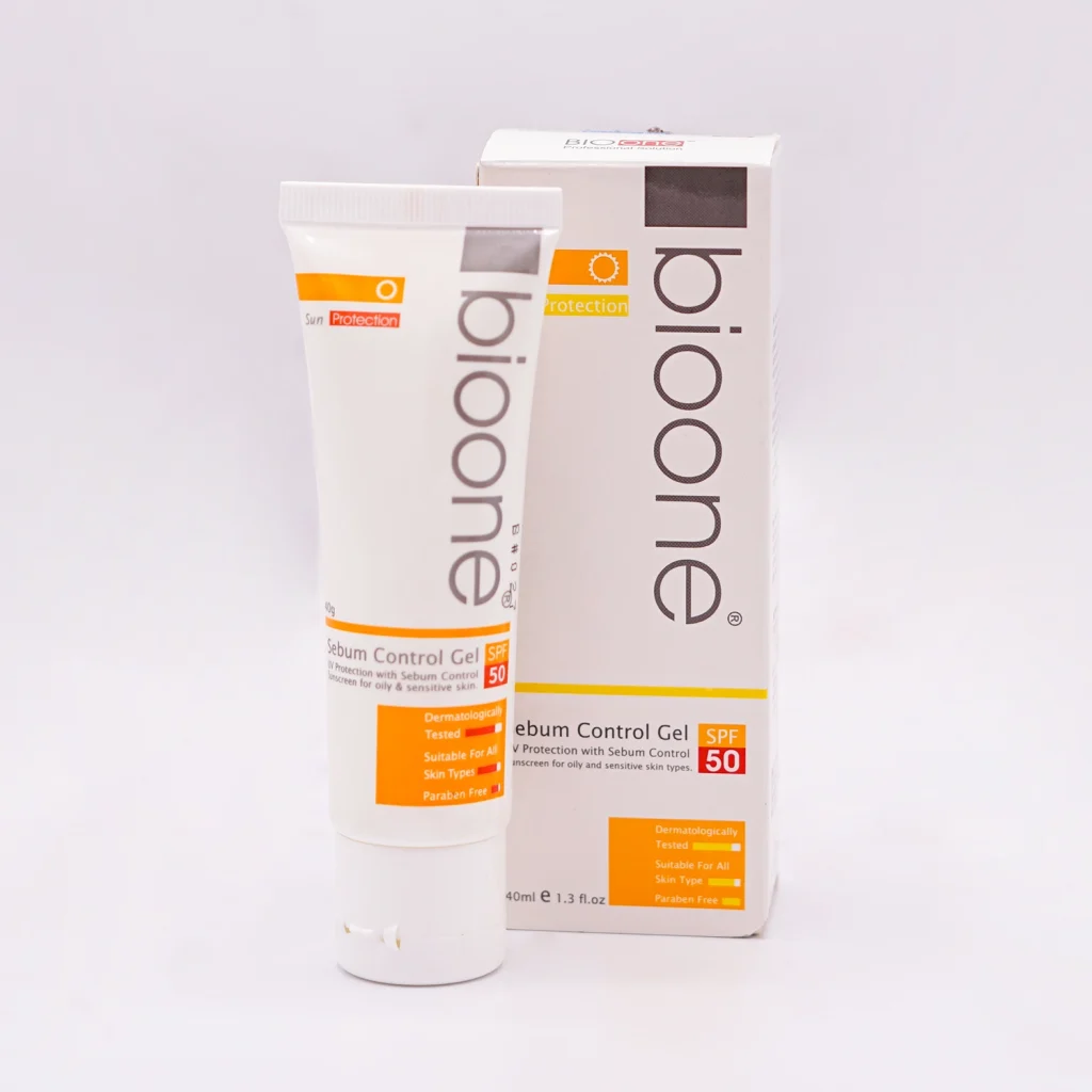 BioOne Sebum Control Gel SPF 50, a 50g white tube with an orange, white, and black label, featuring a sun icon.