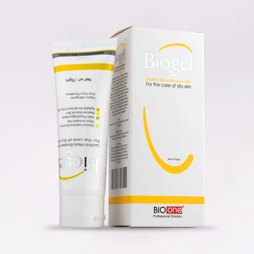 Biogel Lecithin Micro Emulsion Gel, 75gm white and yellow tube and its matching white and yellow box.