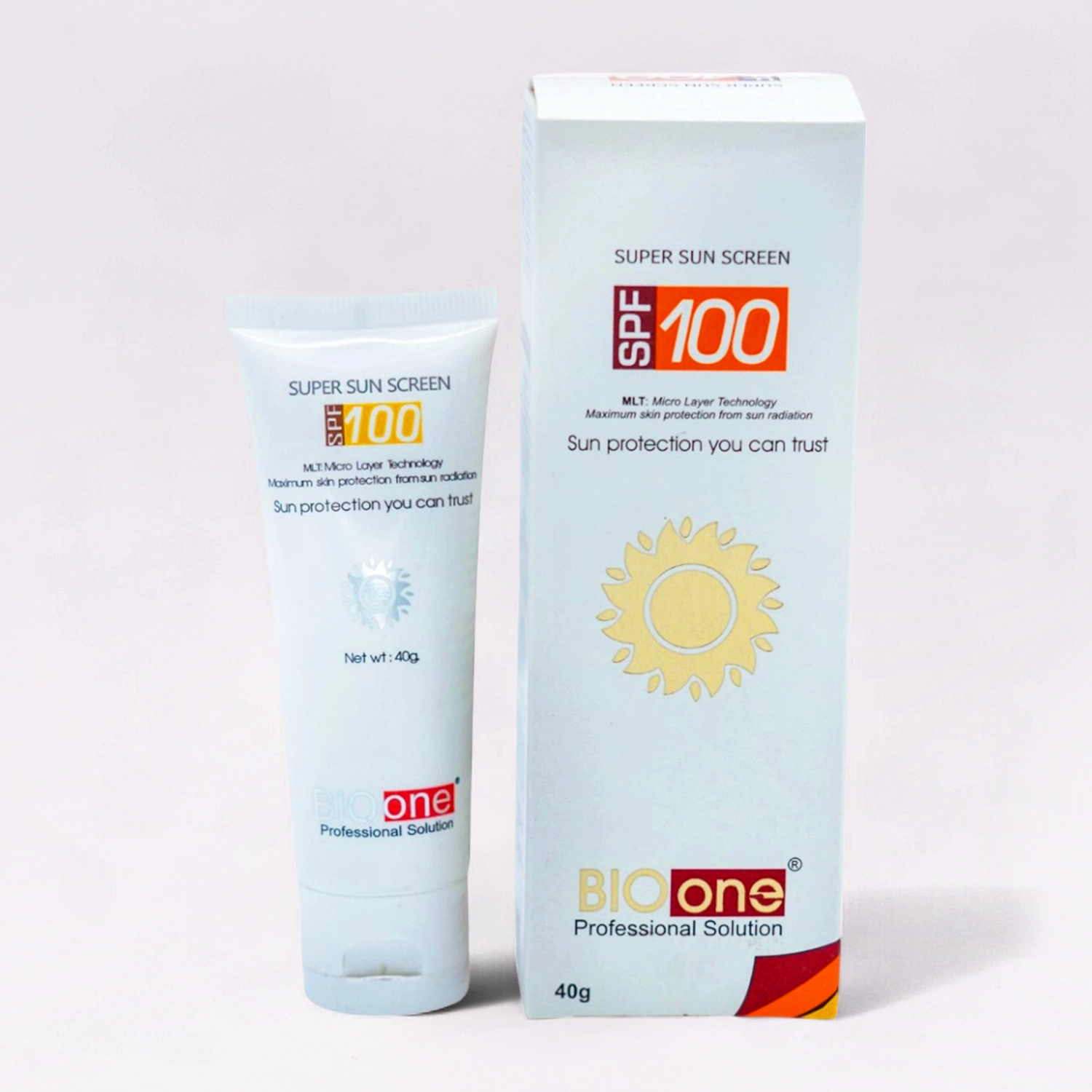 Bio One Super Sun Screen SPF 100, 40g white tube and its matching white and orange box.