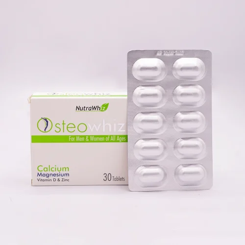 NutraWhiz Osteowhiz 30 tablets for men & women of all ages, in a white box with green and orange accents, featuring a bone-like texture graphic, and a silver blister pack containing 10 tablets, set on a white background.